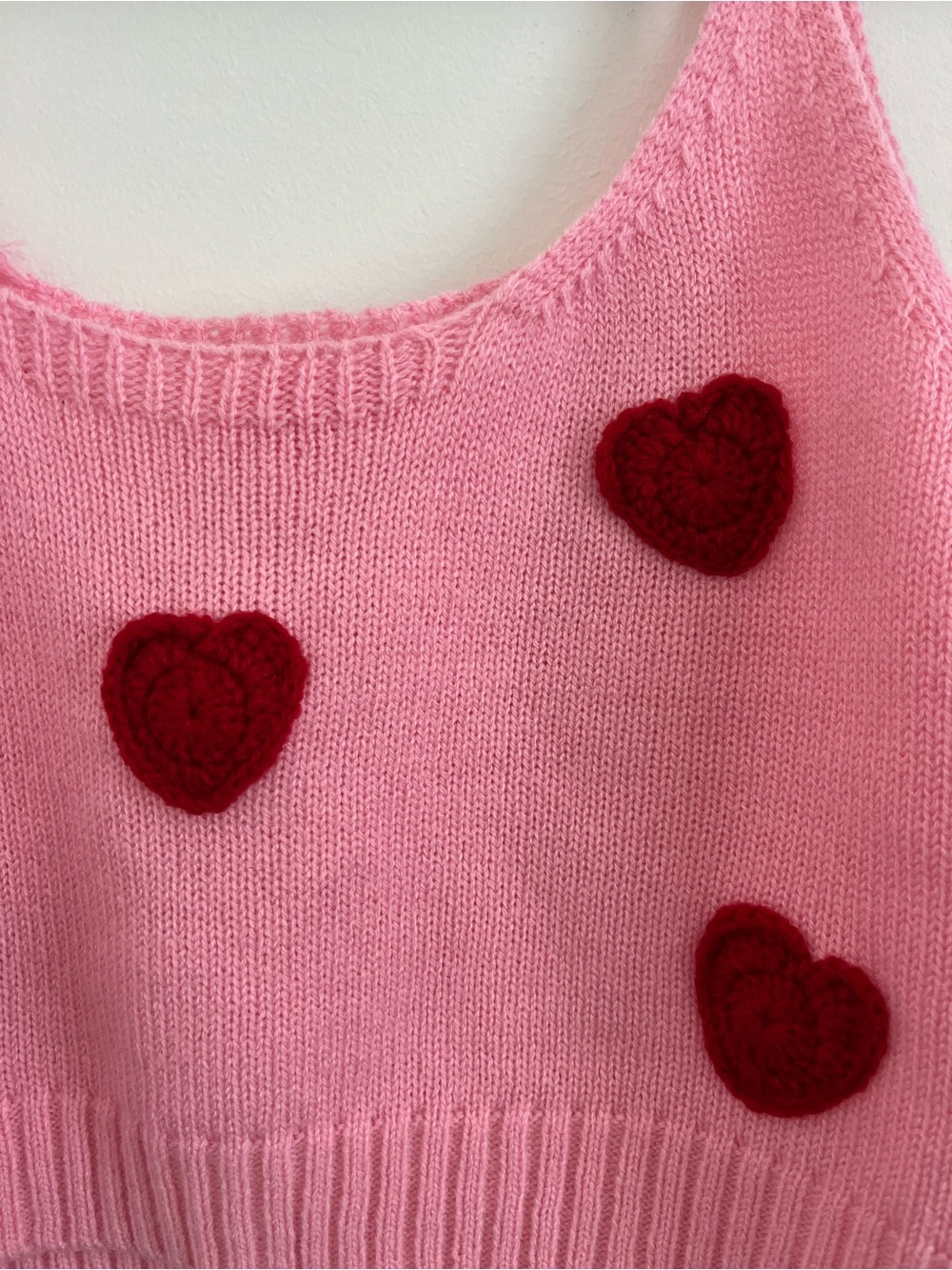 Sugar Thrillz by Dolls Kill pink cropped sweater tank with crochet hearts - Picture 4 of 4